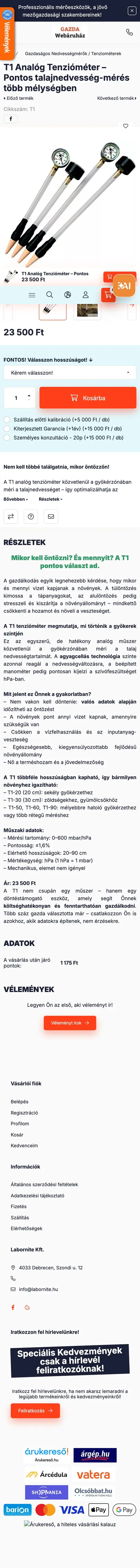 Gazdaüzlet: Termékoldal: T1 analóg tenziométer – telefon az átköltözés előtt
